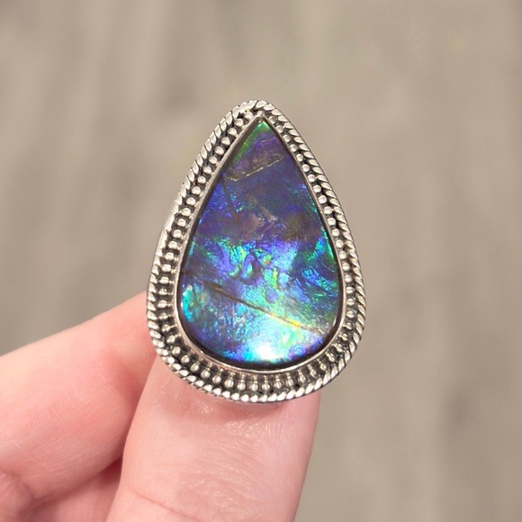 Vintage Sterling Large Blue Ammolite Ring, Triangle Doublet Adjustable Band